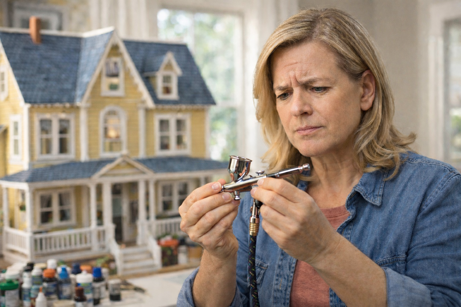 KSM Airbrush Workshops A woman about to paint a large scale doll house examining the airbrush with curiosity