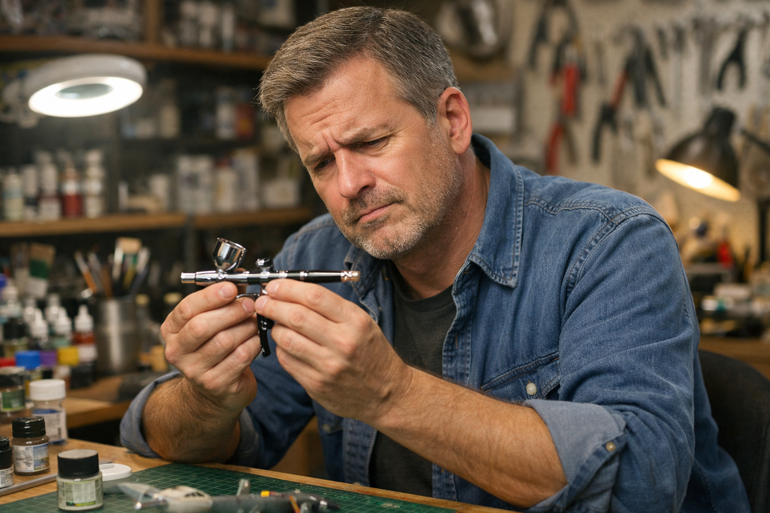 Kawartha Scale Modellers Airbrush Workshop - Man examines airbrush at cluttered workbench