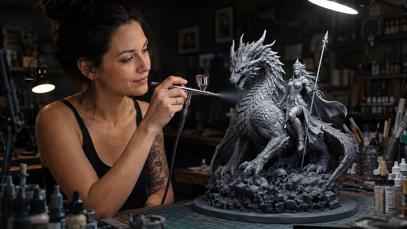 Airbrushing her figure of a mythical dragon accompanied by a Fantasy Princess Warrior on her workbench