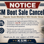 KSM boot sale cancelled announcement July 25 2026