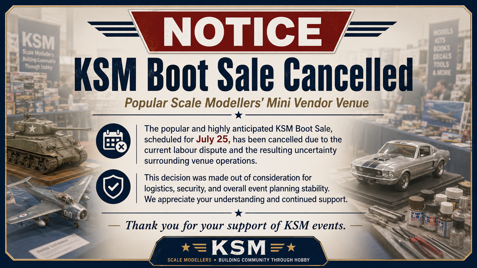 KSM boot sale cancelled announcement July 25 2026