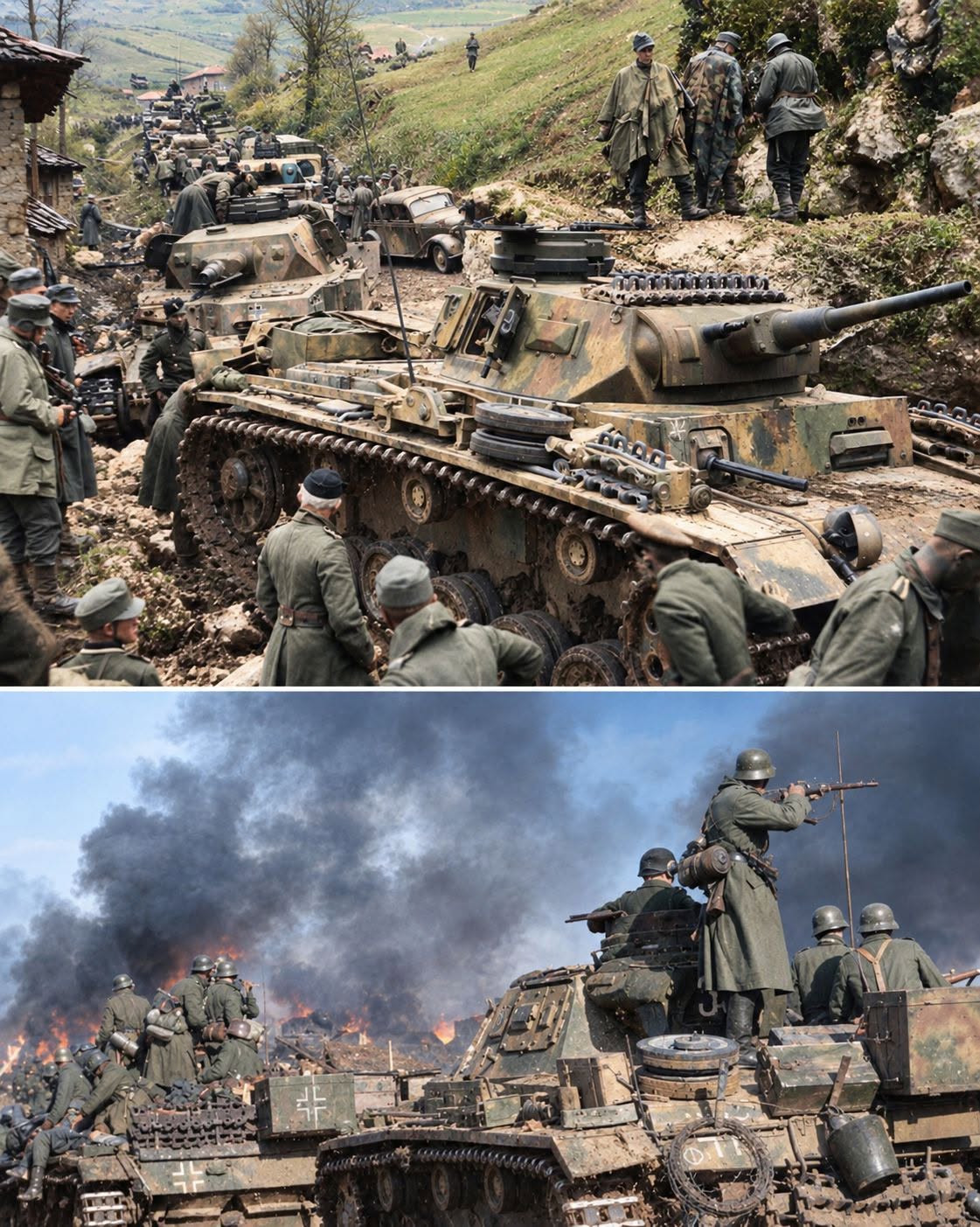 Historical Colour Fiction - Pz.III Ausf.H and Pz.IV Ausf.E in the foreground. Somewhere in Yugoslavia, April 1941. 1